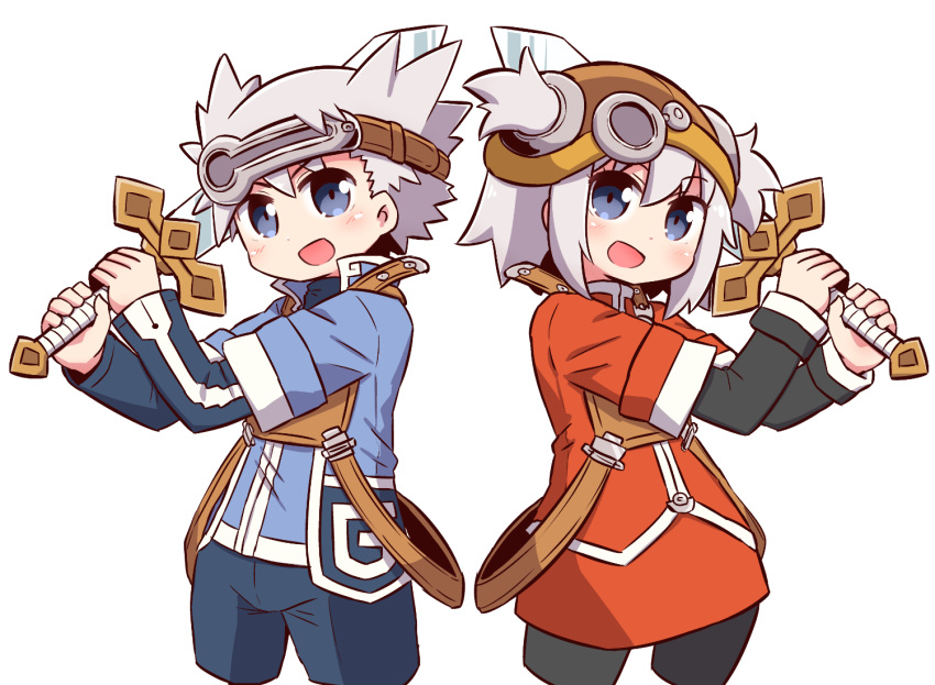 1boy :d black_legwear black_shirt blue_eyes blue_jacket blue_pants blue_shirt blush brown_hat cleru commentary_request female grey_hair hair_between_eyes hands_up hat head_tilt holding holding_sword holding_weapon jacket long_sleeves looking_at_viewer naga_u open_mouth pants pantyhose pratty red_jacket shirt simple_background smile summon_night summon_night:_swordcraft_story sword two-handed two_side_up weapon white_background