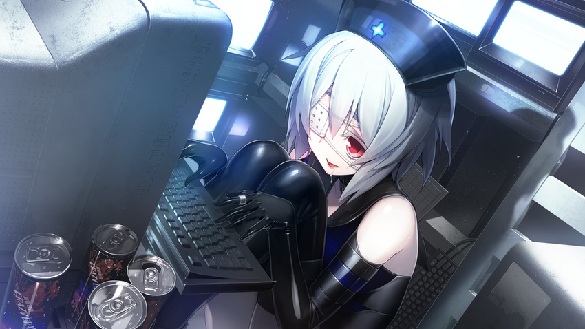 bare_shoulders black_gloves black_thighhighs chinese_text computer con_su drooling elbow_gloves energy_drink eyepatch female game_cg gloves headdress jewelry monitor oosaki_shin'ya open_mouth red_eyes ring short_hair sitting smile solo thighhighs tokyo_necro translation_request typing white_hair