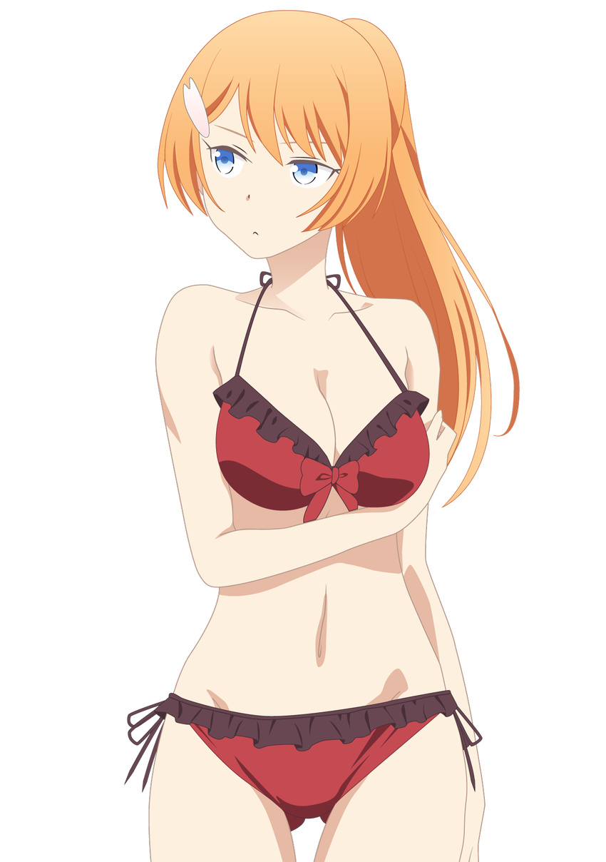 bikini blue_eyes breasts cleavage cowboy_shot female frown highres long_hair looking_away looking_to_the_side navel ootori_ouka orange_hair ponytail solo swimsuit taimadou_gakuen_35_shiken_shoutai transparent_background