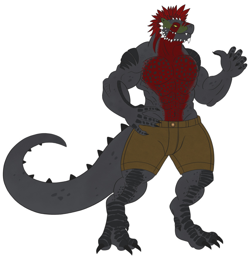 abs absurd_res anthro argonian barefoot biceps big_muscles bottomwear claws clothed clothing darknaig fangs feet green_body green_scales grey_body grey_scales hair hi_res male microsoft muscular muscular_male pecs red_body red_hair red_scales reptile scales scalie shorts simple_background smile solo standing tagg teeth the_elder_scrolls toe_claws topless triceps white_background yellow_sclera