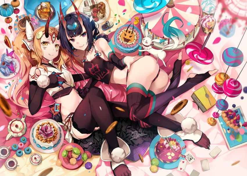 2girls :q animal ass bare_shoulders blonde_hair blush body_markings breasts cake candy commentary crop_top cup detached_sleeves earrings elbow_gloves facial_mark fate/grand_order fate_(series) food gloves haku_(fate) hirai_yuzuki horns ibaraki_douji_(fate) ibaraki_douji_(swimsuit_lancer)_(fate) ibaraki_douji_(swimsuit_lancer)_(third_ascension)_(fate) jewelry knee_up lollipop long_hair looking_at_viewer lying makeup multiple_girls navel on_back oni open_mouth panties parted_lips pointy_ears purple_eyes purple_hair saucer short_hair shorts shuten_douji_(fate) shuten_douji_(halloween_caster)_(fate) sidelocks signature singlet skin-covered_horns small_breasts smile tattoo toeless_legwear tongue tongue_out underwear yellow_eyes