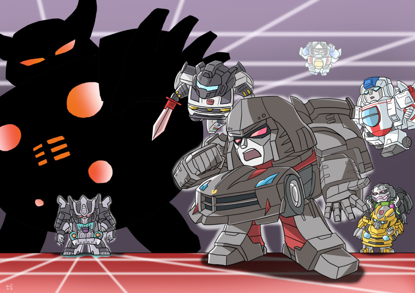 6+boys april_fools autobot blue_eyes bumblebee_(transformers) chibi commentary_request decepticon full_body grimlock headgear highres holding holding_sword holding_weapon insignia jetfire lockdown_(transformers) megatron multiple_boys nemesis_prime no_humans open_mouth q-transformers red_eyes spirit standing starscream sword transformers unicron weapon yabunoki