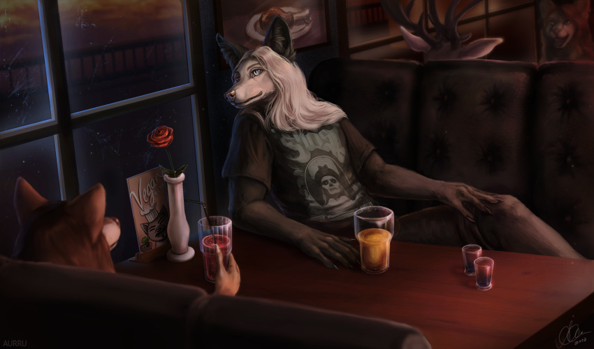 2018 5_fingers anthro antlers aurru beverage black_lips blue_eyes canid canine canis clothed clothing deer digital_media_(artwork) domestic_dog fingers flower furniture ghost_(band) group hair horn inside lips male mammal plant restaurant rose_(flower) shirt sitting t-shirt table text text_on_clothing text_on_shirt text_on_topwear toffle topwear vase white_hair window