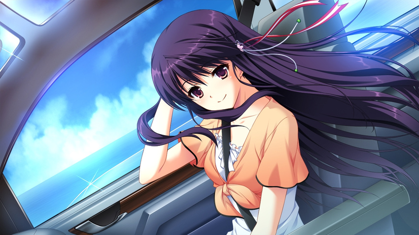 arihara_nodoka blush car dress female game_cg motor_vehicle narumi_suzune purple_eyes purple_hair smile tojita_sekai_no_tori_colony vehicle