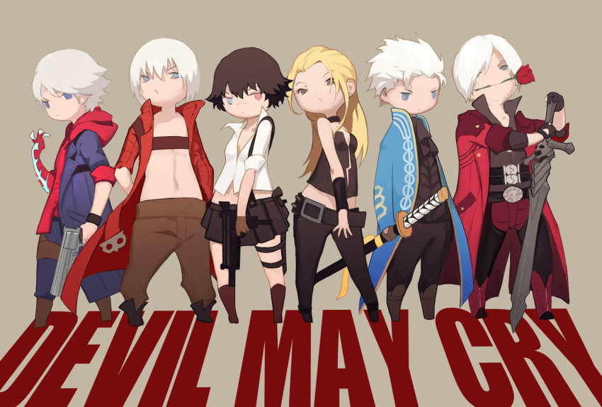 akumey bicolored_eyes blonde_hair blue_eyes boots brown_eyes brown_hair dante devil_may_cry flowers garter gloves gray_hair group gun hoodie katana kneehighs lady long_hair male navel nero open_shirt rose shirt short_hair skirt sword trish vergil weapon white_hair wristwear