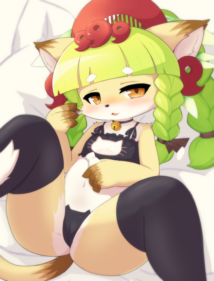 :3 animal_ears animal_nose bell black_thighhighs blush body_fur cat_ears cat_girl cat_lingerie cat_tail check_commentary collar collarbone commentary_request drunk female fullbokko_heroes furry furry_female green_hair highres kushinada_(fullbokko_heroes) long_hair looking_at_viewer lying meme_attire navel neck_bell oerba_yun_fang on_back on_bed open_mouth pillow solo tail takeshi-kemo thighhighs two-tone_fur white_fur yellow_eyes yellow_fur