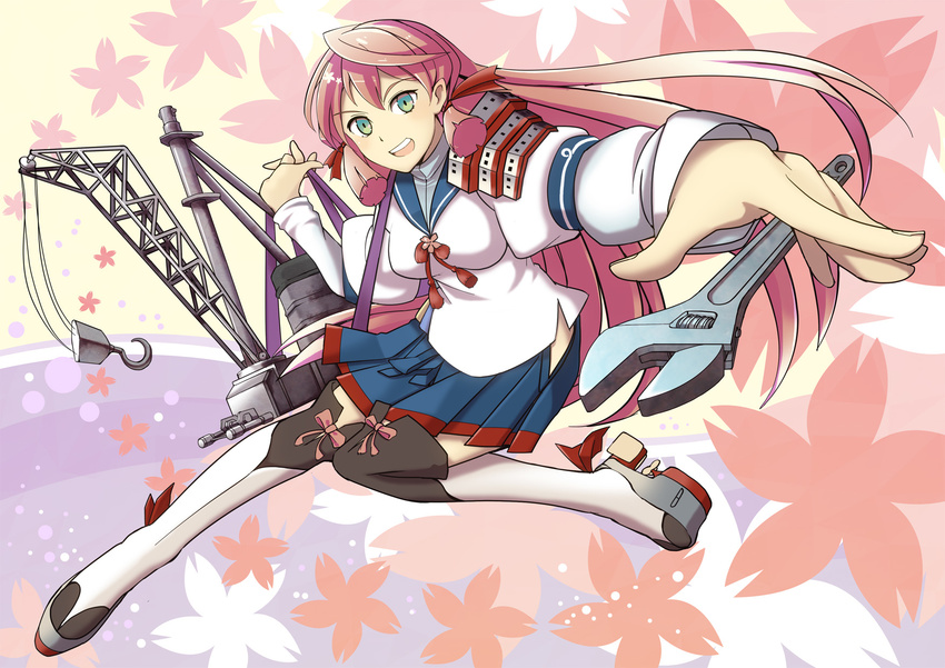 adjustable_wrench akashi_(kancolle) aroha_j commentary_request female green_eyes hair_ribbon highres hip_vent kantai_collection long_hair looking_at_viewer open_mouth photoshop_(medium) pink_hair ribbon school_uniform serafuku skirt smile solo thighhighs tress_ribbon wrench