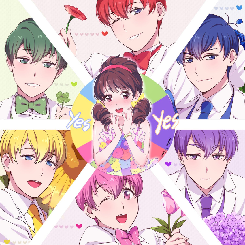 6+boys ;) bad_id bad_twitter_id blonde_hair blue_eyes blue_hair brown_eyes brown_hair dress english_text f6_(osomatsu-san) female flower formal green_eyes green_hair hair_ribbon highres looking_at_another low_twintails male_harem matsuno_choromatsu matsuno_ichimatsu matsuno_jyushimatsu matsuno_karamatsu matsuno_osomatsu matsuno_todomatsu mery_(yangmalgage) multiple_boys one_eye_closed osomatsu-kun osomatsu-san osomatsu_(series) pink_eyes pink_hair purple_eyes purple_hair red_hair ribbon rose sextuplets short_twintails six_shame_faces smile straight suit sunflower twintails white_suit yellow_eyes yowai_totoko