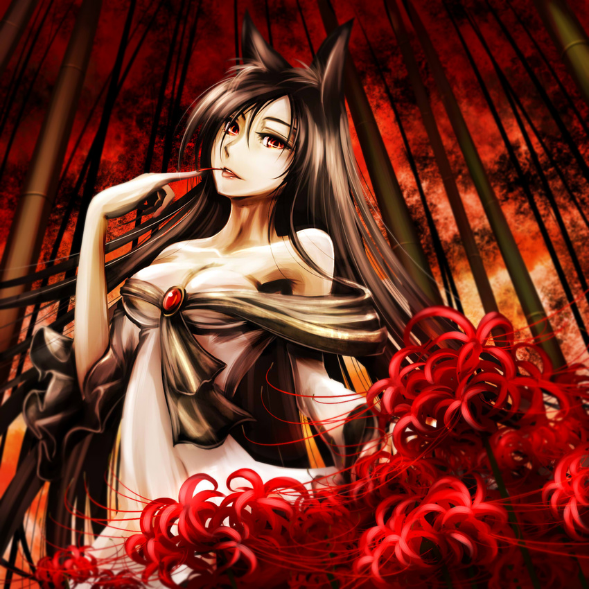 absurdly_long_fingernails animal_ears bamboo bamboo_forest bare_shoulders breasts brooch brown_hair cleavage commentary_request female finger_to_mouth fingernails flower forest highres imaizumi_kagerou jewelry jiraiken licking licking_finger long_fingernails long_hair long_sleeves looking_at_viewer medium_breasts nail_polish nature red_eyes red_flower red_nails red_sky sharp_fingernails shirt skirt sky solo spider_lily tongue tongue_out touhou wide_sleeves wolf_ears