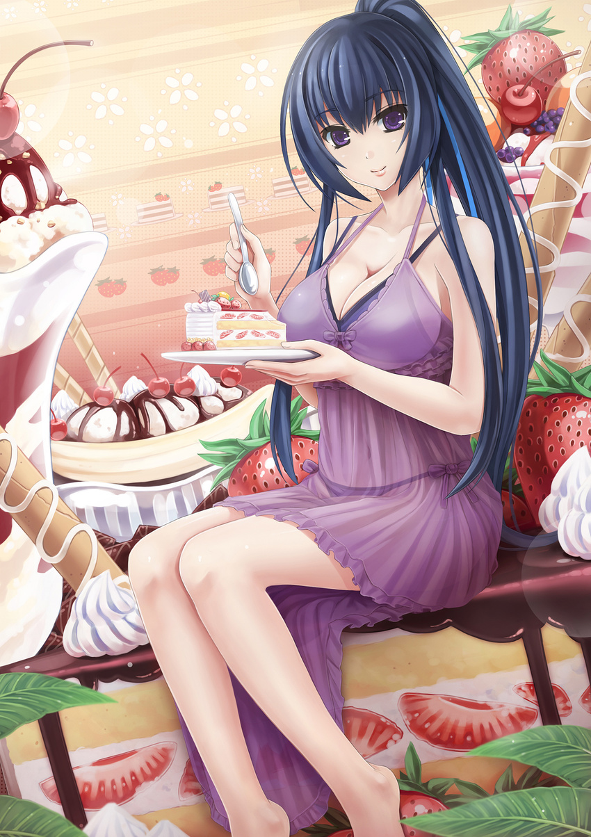 alternate_costume banana_split bare_legs barefoot black_hair bra breasts cake cake_slice cleavage commentary_request dress female food fruit fruit_background highres honda_futayo kyoukaisenjou_no_horizon large_breasts long_hair looking_at_viewer panties photoshop_(medium) plate ponytail purple_dress purple_eyes see-through side-tie_panties smile solo spoon strawberry strawberry_shortcake sunimu underwear very_long_hair