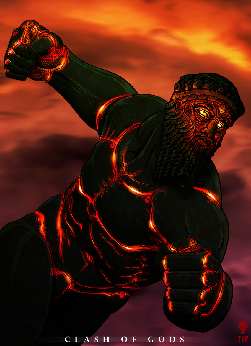 absurd_res deity demon fist gilgamesh glowing glowing_eyes hi_res hot_iron iron male metal muscular not_furry nude solo the-last-phantom yellow_eyes