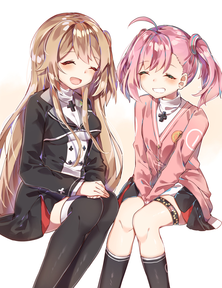 2girls :d ahoge ayatsuki_sugure between_legs black_jacket black_legwear black_skirt breasts brown_hair buttons cardigan cross cross_necklace game_club_project grin hand_between_legs hands_on_own_knees highres jacket jewelry knees_together_feet_apart legs_together long_hair long_sleeves looking_at_another medium_breasts multiple_girls necklace one_side_up open_mouth pink_cardigan pink_hair sakuragi_miria side_ponytail sidelocks simple_background skirt small_breasts smile socks thigh_strap thighhighs twintails virtual_youtuber white_background yumesaki_kaede_(game_club_project)