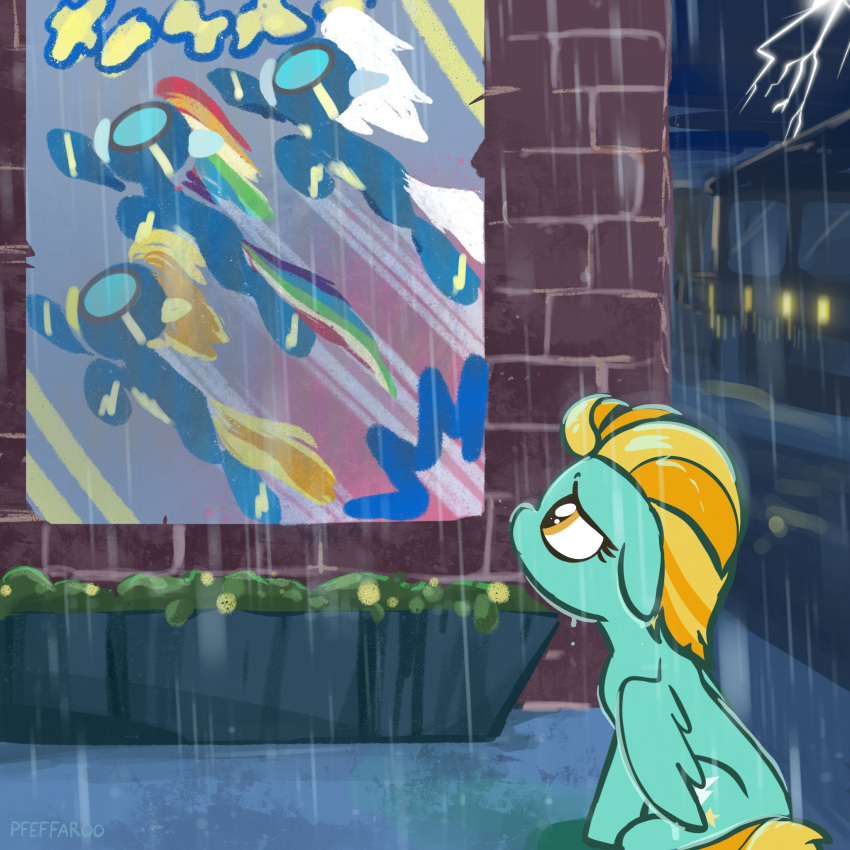 1:1 amber_eyes city detailed_background electricity equid equine female fleetfoot_(mlp) friendship_is_magic hasbro hi_res lightning lightning_dust_(mlp) looking_at_object mammal my_little_pony mythological_creature mythological_equine mythology night outside pegasus pfeffaroo poster rainbow_dash_(mlp) raining sitting solo spitfire_(mlp) wings wonderbolts_(mlp)