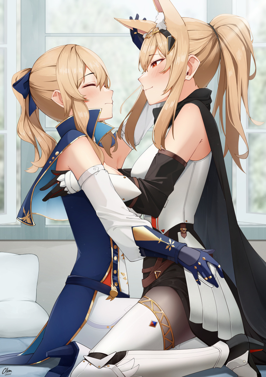 2girls absurdres animal_ear_fluff animal_ears arknights blonde_hair blue_capelet blush bow capelet closed_eyes commission crossover extra_ears eye_contact genshin_impact hairbow highres horse_ears jean_(genshin_impact) long_hair looking_at_another multiple_girls nearl_(arknights) nearl_the_radiant_knight_(arknights) nearl_the_radiant_knight_(relight)_(arknights) pants ponytail red_eyes rubbing_ears sitting sitting_on_lap sitting_on_person smile thighhighs tight_clothes tight_pants white_pants window xsan_vanny yuri