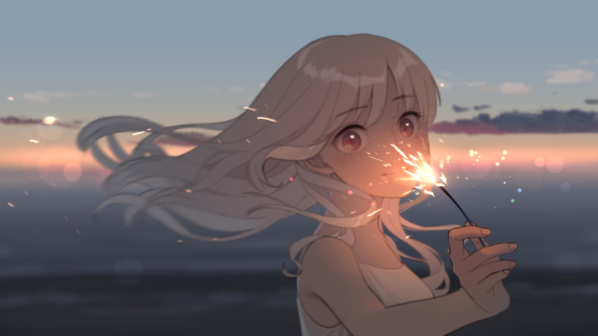 blurry female fireworks floating_hair guazi highres long_hair original outdoors red_eyes sky smile solo sparkler sparks twilight upper_body white_hair