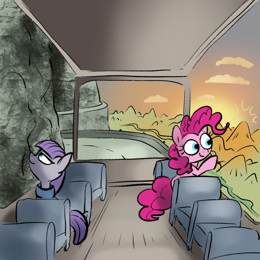 1:1 2022 blue_eyes bus clothing commercial_vehicle duo earth_pony equid equine evening female feral friendship_is_magic grey_body hair happy hasbro hi_res horse in_vehicle inside inside_bus looking_out_window looking_up mammal maud_pie_(mlp) meme mountain my_little_pony pfeffaroo pink_body pink_hair pinkie_pie_(mlp) pony public_transportation purple_hair road smile sunset two_guys_on_a_bus vehicle vehicle_for_hire