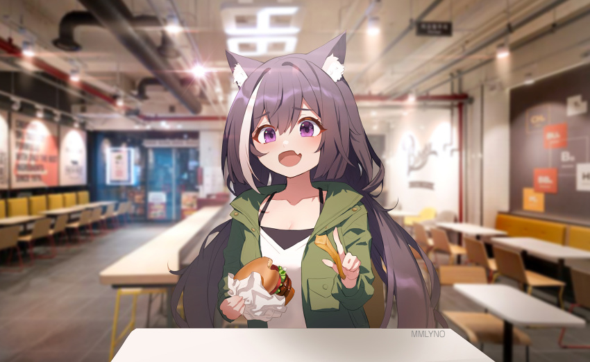 animal_ear_fluff animal_ears artist_name black_hair burger cat_ears cat_girl collarbone commentary female food green_jacket highres holding holding_food indoors jacket karyl_(princess_connect!) karyl_(real)_(princess_connect!) long_hair looking_at_viewer low_twintails mmlyno multicolored_hair oerba_yun_fang open_mouth photo_background pov pov_across_table pov_dating princess_connect! purple_eyes restaurant skin_fang solo streaked_hair twintails white_hair