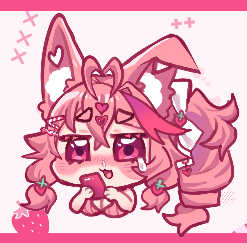 absurdres ahoge animal_ear_fluff animal_ears blush chibi crying female food-themed_hair_ornament fox_ears fox_girl hair_ornament hairclip highres indie_virtual_youtuber kireina_(osiimi) open_mouth osiimi pink_eyes pink_hair strawberry_hair_ornament virtual_youtuber