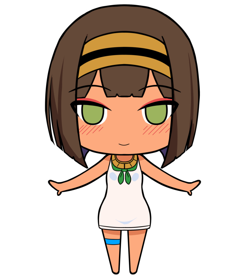 bad_id bad_twitter_id bare_arms bare_shoulders barefoot blush brown_hair brown_hairband chibi closed_mouth dark-skinned_female dark_skin dress egyptian_loli_(surio) female full_body green_eyes hairband highres inactive_account original short_hair simple_background sleeveless sleeveless_dress smile solo standing surio thigh_strap white_background white_dress