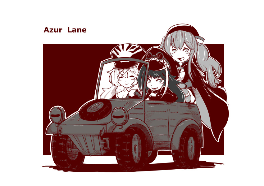 3girls absurdres armband azur_lane beret bra bra_peek breasts buttons cape copyright_name cross crossed_bangs daigorou_(42036928) deutschland_(azur_lane) double-breasted dress eyewear_on_headwear fur_trim goggles goggles_on_headwear graf_zeppelin_(azur_lane) hat highres iron_cross kubelwagen large_breasts long_coat long_hair military military_hat military_uniform miniskirt monochrome multicolored_hair multiple_girls peaked_cap pleated_skirt skirt streaked_hair thighhighs twintails underwear uniform very_long_hair zara_(azur_lane)