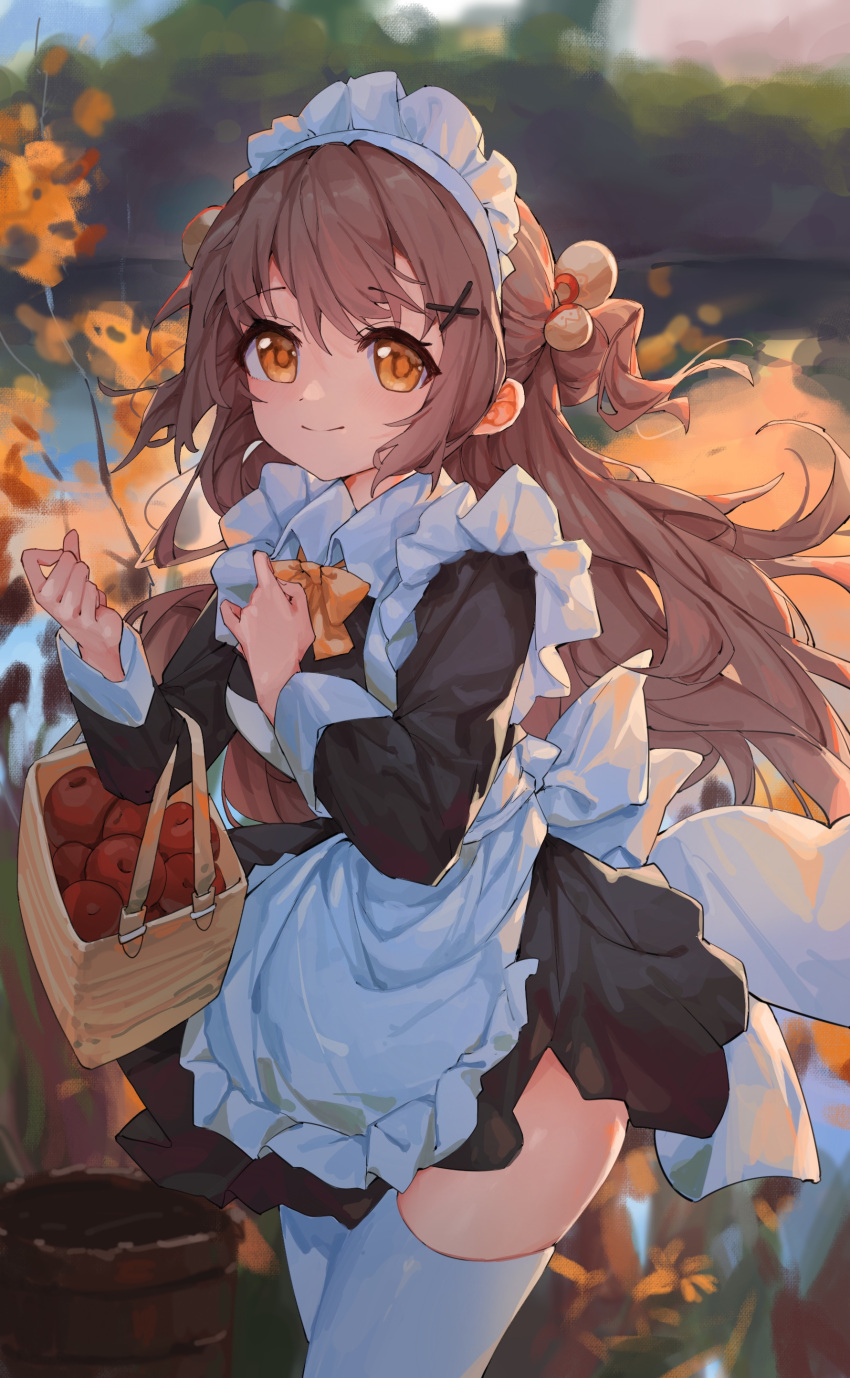 absurdres apple apron basket black_dress blurry brown_hair closed_mouth commentary_request cowboy_shot depth_of_field dress dusk female food frilled_dress frills fruit hair_ornament hands_up highres long_hair long_sleeves looking_at_viewer maid maid_apron maid_headdress original outdoors sentter smile solo standing thighhighs thighs white_apron white_thighhighs x_hair_ornament yellow_eyes