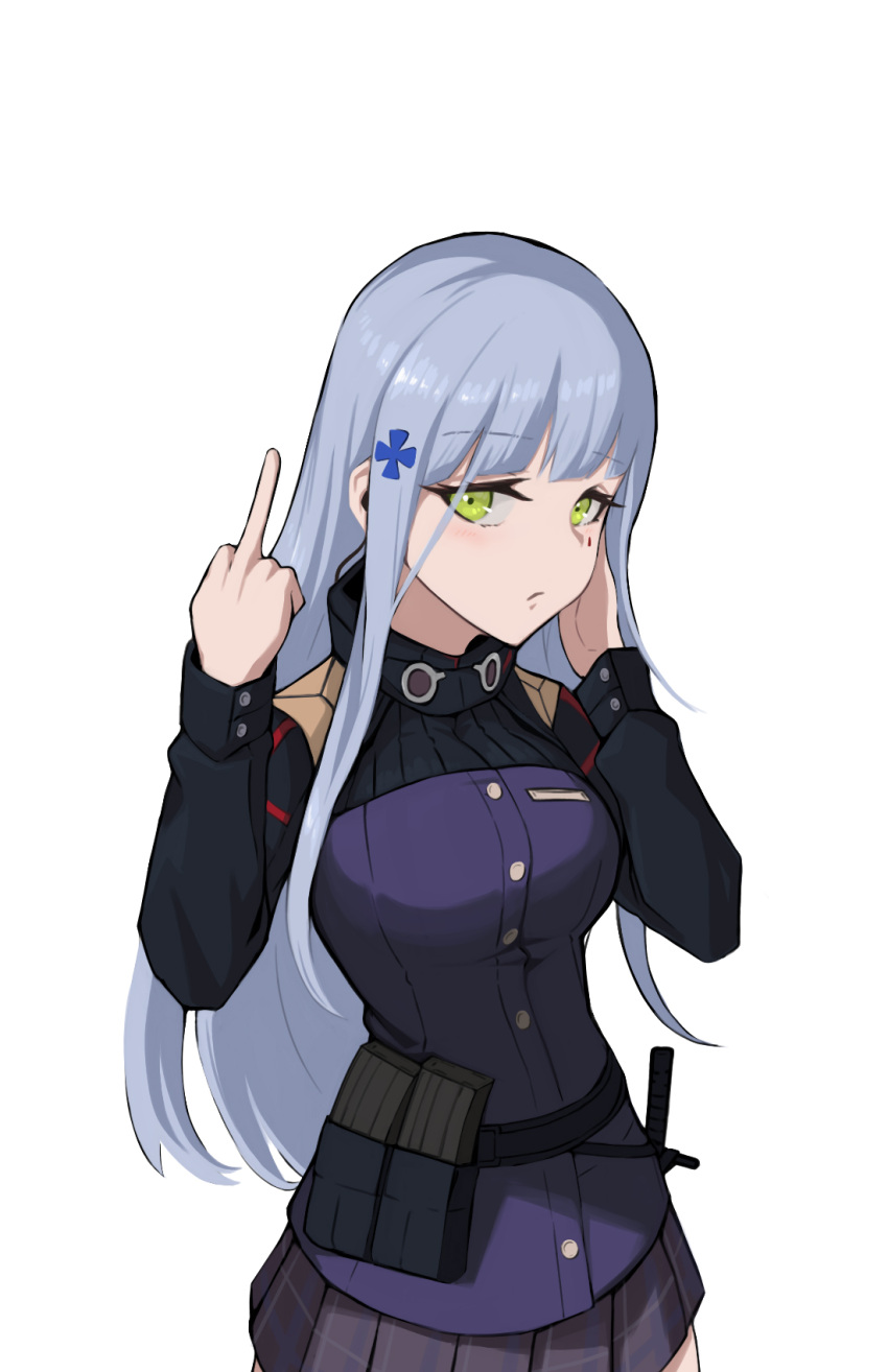 assault_rifle belt blunt_bangs breasts closed_mouth commentary_request copycat001 cowboy_shot earpiece facial_mark female from_side girls'_frontline green_eyes grey_hair gun h&k_hk416 hair_ornament hand_on_own_cheek hand_on_own_face highres hk416_(girls'_frontline) jacket korean_commentary large_breasts long_hair long_sleeves looking_at_viewer magazine_(weapon) middle_finger military_jacket miniskirt partial_commentary plaid plaid_skirt ribbed_jacket rifle sidelocks sideways_glance simple_background skirt solo teardrop teardrop_facial_mark teardrop_tattoo tight_clothes unamused utility_belt weapon white_background x_hair_ornament