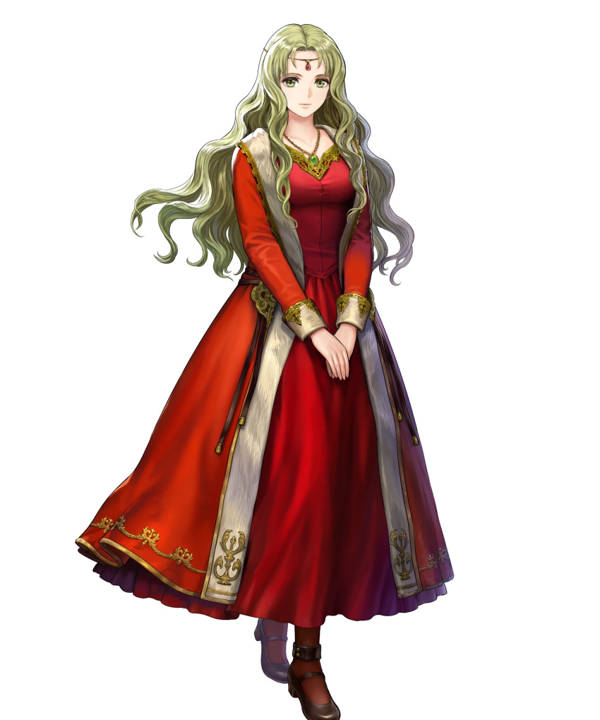 asatani_tomoyo black_footwear black_pantyhose blonde_hair breasts circlet collarbone detached_sleeves dress female fire_emblem fire_emblem:_the_binding_blade fire_emblem_heroes full_body green_eyes guinevere_(fire_emblem) highres jewelry long_dress long_hair long_skirt long_sleeves looking_at_viewer medium_breasts necklace non-web_source official_art own_hands_together pantyhose parted_bangs red_dress skirt solo standing transparent_background