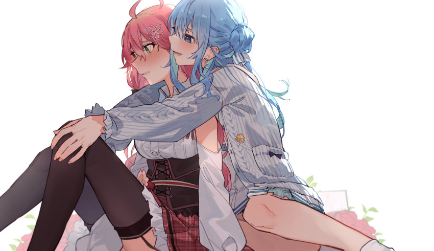 2girls absurdres ahoge backlighting black_thighhighs blue_eyes blue_hair blush commentary_request earrings from_side green_eyes hands_on_another's_knees highres hololive hoshimachi_suisei hoshimachi_suisei_(school_uniform) hug hug_from_behind jewelry long_sleeves looking_at_another micomet_(hololive) multiple_girls official_alternate_costume open_mouth pink_hair red_skirt ribbed_sweater sakura_miko sakura_miko_(casual) sitting skirt smile sweater thighhighs tsukino_(nakajimaseiki) virtual_youtuber white_background yuri