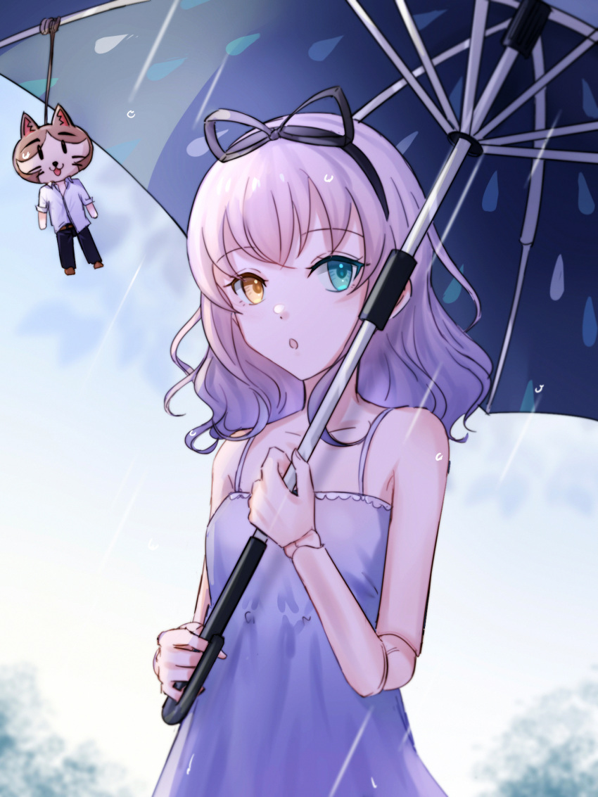 :o bare_arms bare_shoulders black_hairband black_ribbon black_umbrella character_doll commentary_request day doll_joints dress eiyuu_densetsu female green_eyes grey_hair hairband hajimari_no_kiseki haku_wi heterochromia highres holding holding_umbrella joints lapis_rosenberg long_hair outdoors parted_lips print_umbrella purple_dress rain raindrop_print ribbon sleeveless sleeveless_dress solo umbrella upper_body yellow_eyes