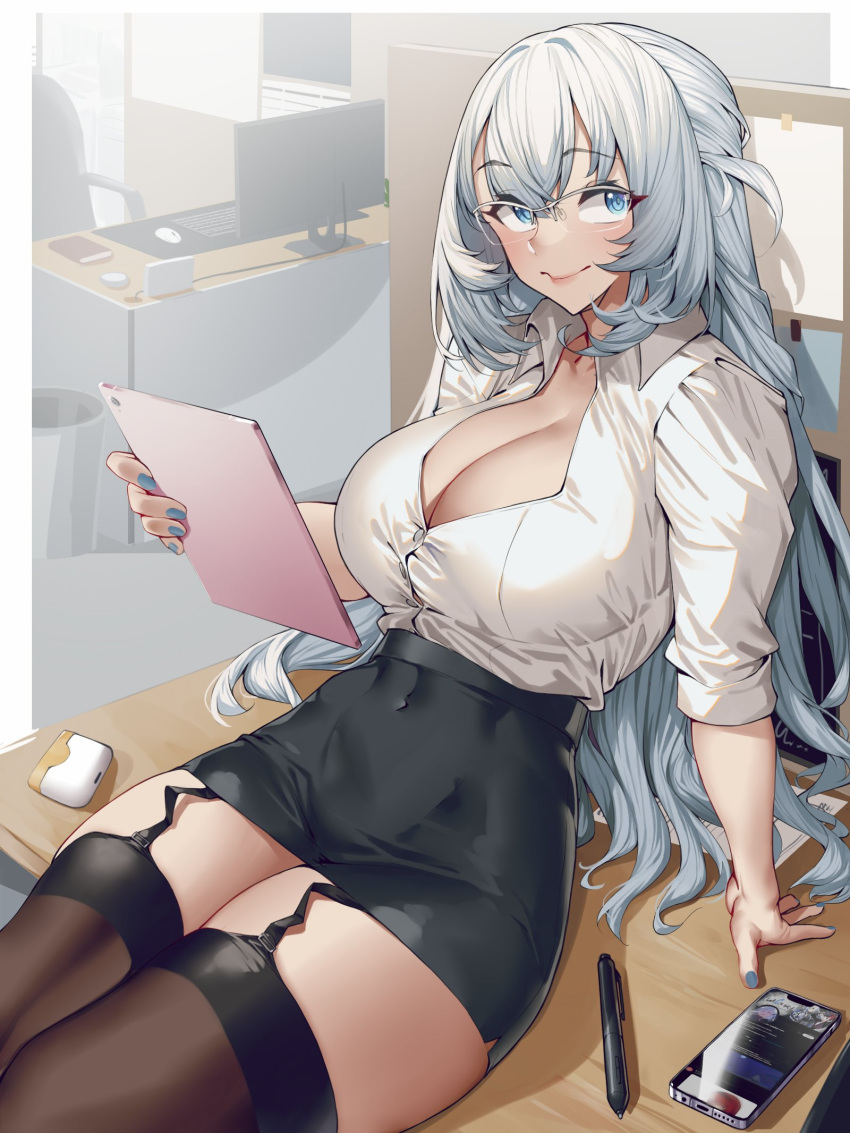 arm_support blue_eyes blue_nails bonkiru breasts brown_thighhighs button_gap cellphone cleavage closed_mouth collared_shirt commission covered_navel cubicle curvy desk eiyuu_densetsu female garter_straps glasses grey_hair hair_between_eyes high-waist_skirt highres indoors kuro_no_kiseki large_breasts linea_alba long_hair looking_at_viewer miniskirt office office_lady on_desk one_side_up partially_unbuttoned pen pencil_skirt phone semi-rimless_eyewear shirt shirt_tucked_in shizuna_rem_misurugi sitting skirt sleeves_rolled_up smartphone smile solo tablet_pc thighhighs white_hair white_shirt zettai_ryouiki