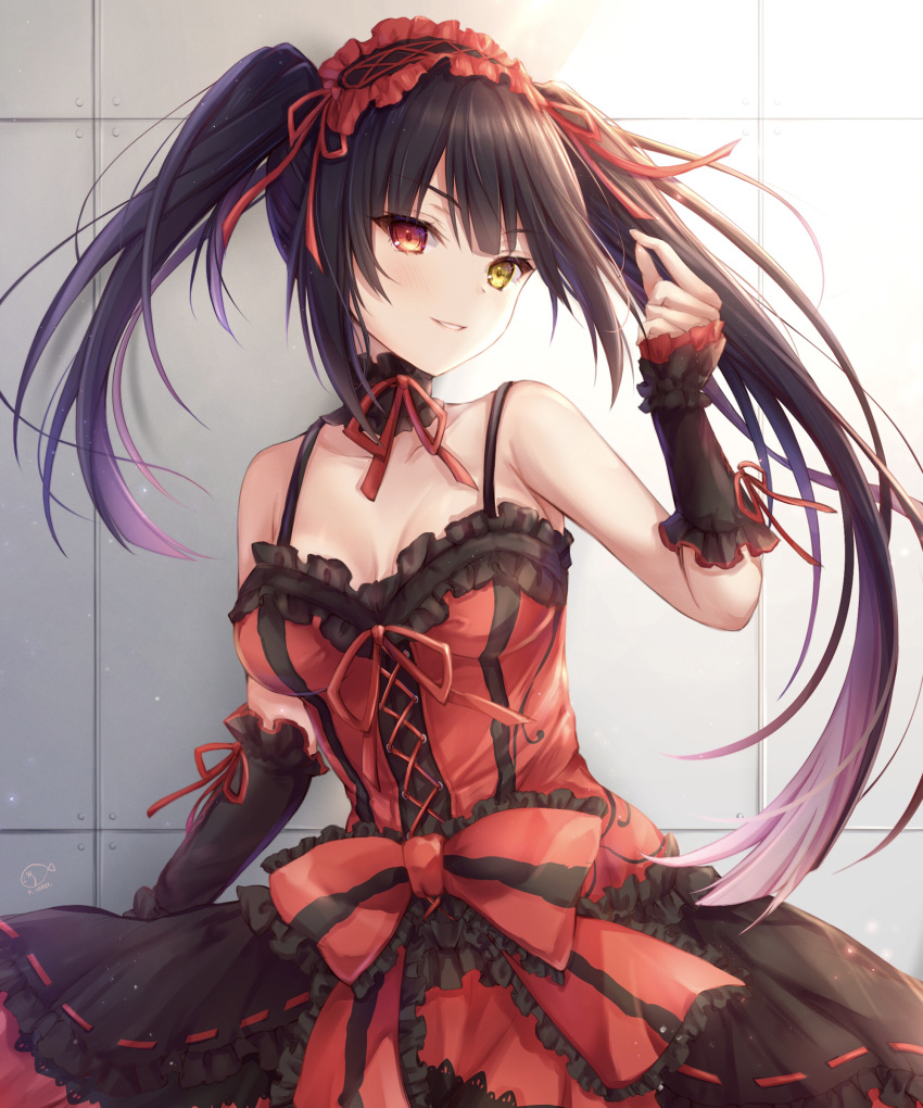 absurdres arm_up bad_hands black_dress black_hair bow breasts clock_eyes cowboy_shot date_a_live detached_sleeves dress dress_bow female hairband heterochromia highres kiri_celea large_breasts lolita_fashion lolita_hairband long_hair long_sleeves looking_at_viewer multicolored_clothes multicolored_dress red_dress red_eyes red_ribbon ribbon sidelocks simple_background smile solo symbol-shaped_pupils tokisaki_kurumi twintails yellow_eyes