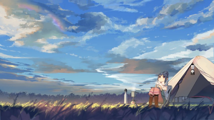 blue_hair camping_chair cloud commentary_request female guazi hair_bun highres lantern outdoors scenery shima_rin single_hair_bun sitting sky solo steam tent thermos yurucamp