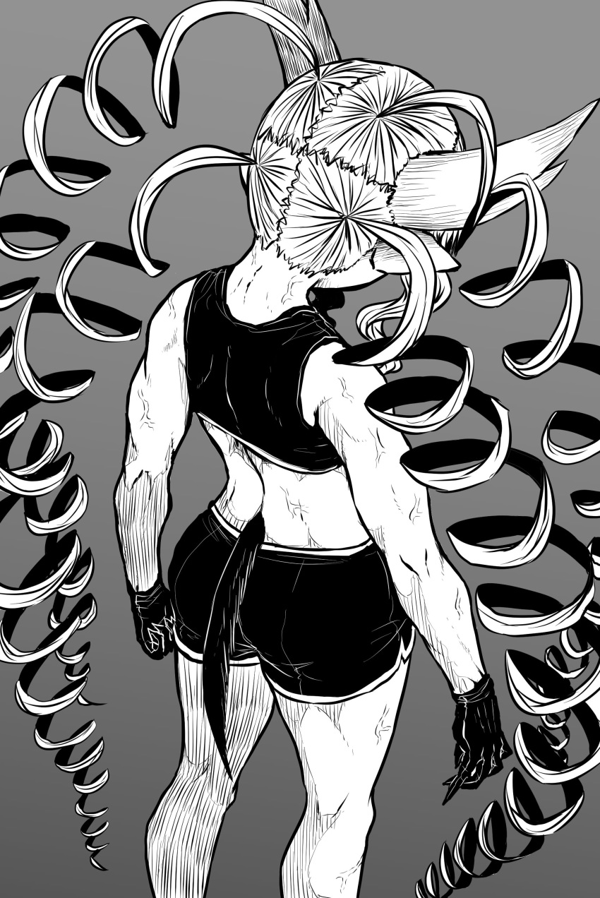 absurdres back black_tank_top demon_girl demon_horns demon_tail dolphin_shorts drill_hair female gloves grey_background greyscale highres horns limited_palette monochrome muscular muscular_female musuko_ga_kawaikute_shikatanai_mazoku_no_hahaoya nightmare_(mazohaha) short_shorts shorts tail tank_top zyugoya