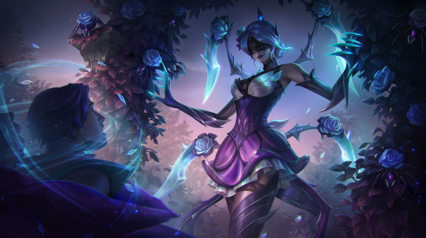 1boy 2girls arthropod_limbs bare_shoulders blindfold breasts dress elise_(league_of_legends) english_commentary facing_another flower glowing hands_up highres large_breasts league_of_legends long_hair looking_at_another marie_magny multiple_girls official_alternate_costume official_art outdoors pink_dress purple_lips short_dress short_hair smile teeth thighhighs withered_rose_elise