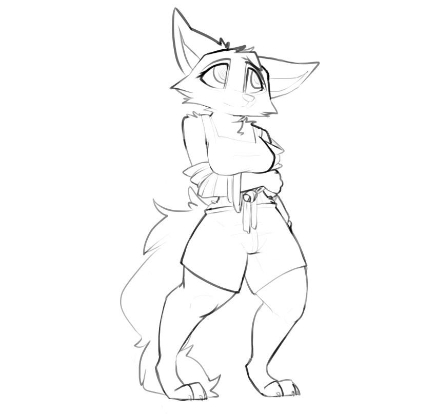 2020 absurd_res anthro barefoot bottomwear canid canine clothed clothing feet female fluffy fluffy_tail fox full-length_portrait fully_clothed fur hi_res jodia_(zhanbow) mammal monochrome portrait shorts simple_background solo standing tail white_background zhanbow