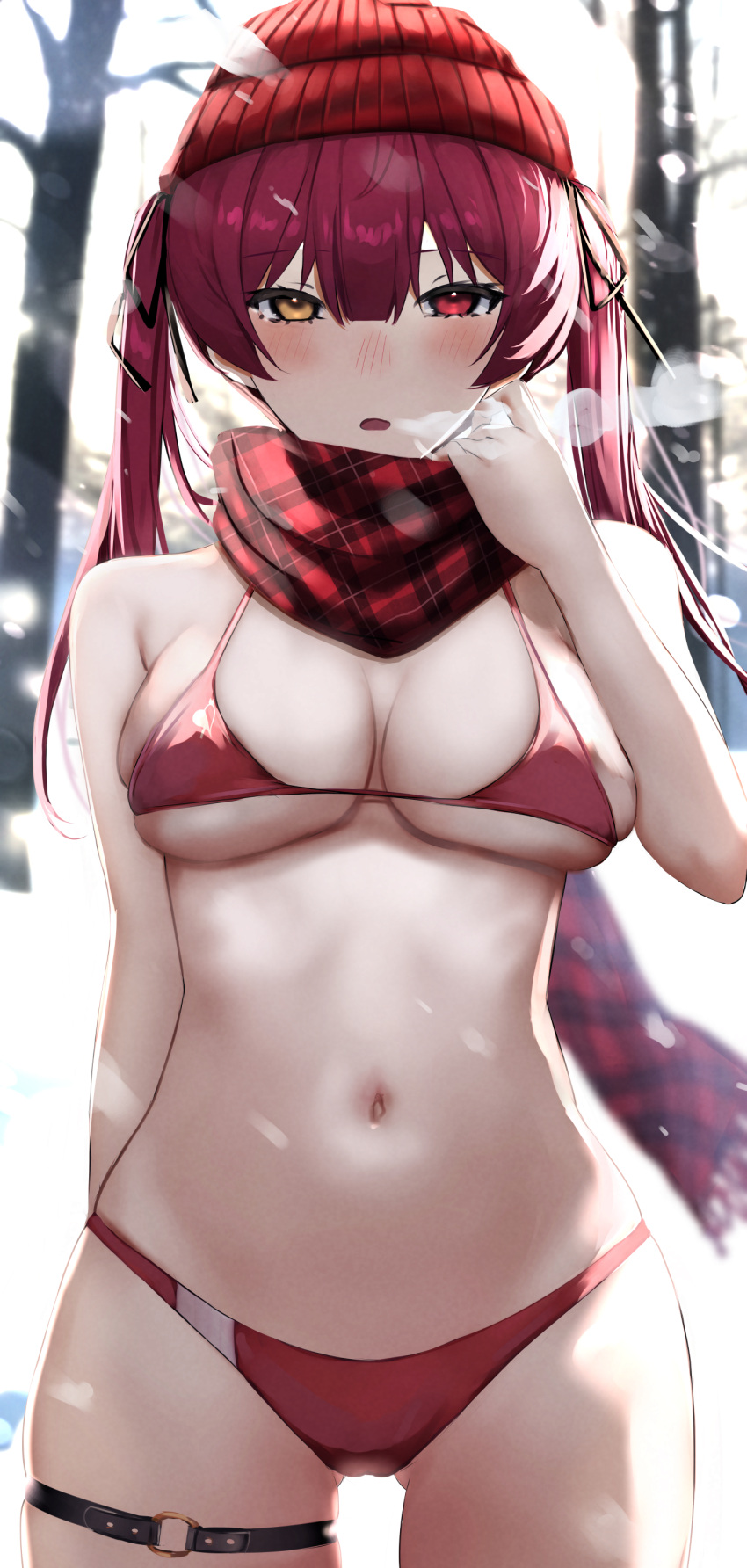 absurdres arm_behind_back bad_id bad_twitter_id bare_tree beanie bikini blush breasts breath female hat heterochromia highres hololive houshou_marine houshou_marine_(summer) large_breasts long_hair looking_at_viewer navel no_nose official_alternate_costume outdoors parted_lips plaid plaid_scarf ponnu_(nikeytina) red_bikini red_eyes red_hair red_hat red_scarf scarf skindentation snow snowing solo stomach swimsuit thigh_strap tree twintails virtual_youtuber yellow_eyes