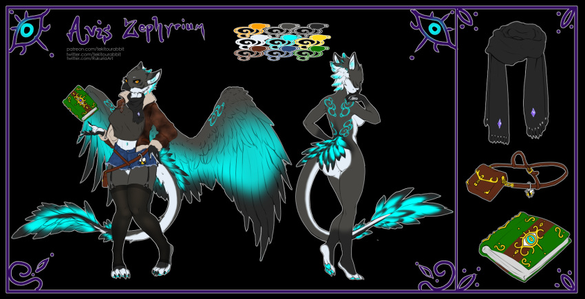 anthro avian black_border border bottomwear clothing female gryphon hi_res item_box leather leather_clothing legwear model_sheet mythological_avian mythological_creature mythology shorts solo stockings tekitourabbit_(artist) text url