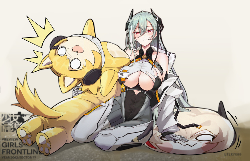 absurdres breasts changpan_hutao clothing_cutout female girls'_frontline grey_hair highres idw_(girls'_frontline) large_breasts long_hair longcat_(meme) ltlx_7000_(girls'_frontline) m4_sopmod_ii_jr meme mole mole_on_breast red_eyes smile solo underboob_cutout very_long_hair