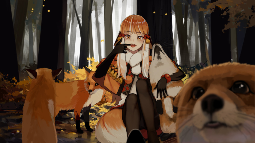 animal_ears belly_rub fangs female forest fox fox_ears fox_girl fox_tail guazi highres long_hair multicolored_hair nature open_mouth orange_eyes orange_hair original outdoors petting sitting tail white_hair