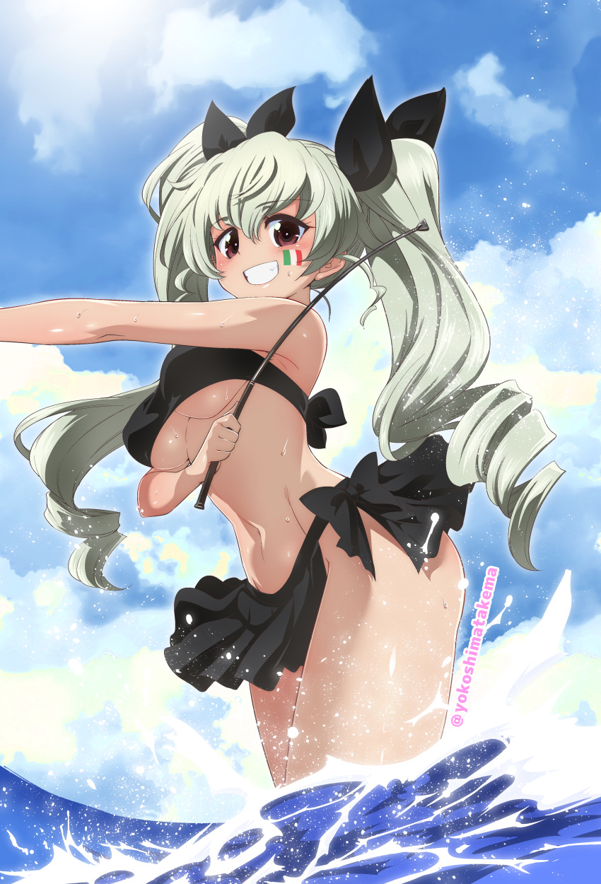 absurdres anchovy_(girls_und_panzer) bikini black_bikini blush breasts brown_eyes cloud cloudy_sky drill_hair female girls_und_panzer green_hair grin highres holding holding_riding_crop italian_flag long_hair looking_at_viewer navel outdoors riding_crop sky smile solo sweat swimsuit thighs twintails underboob very_long_hair wading yokoshima_takemaru