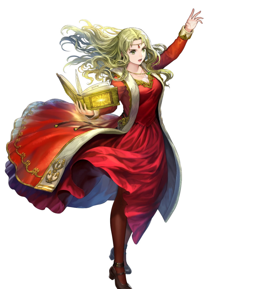 arm_up asatani_tomoyo black_footwear black_pantyhose blonde_hair book breasts circlet cleavage detached_sleeves dress female fire_emblem fire_emblem:_the_binding_blade fire_emblem_heroes full_body green_eyes guinevere_(fire_emblem) highres holding holding_book jewelry long_dress long_hair long_skirt long_sleeves medium_breasts necklace non-web_source official_art open_mouth pantyhose parted_bangs red_dress skirt solo transparent_background