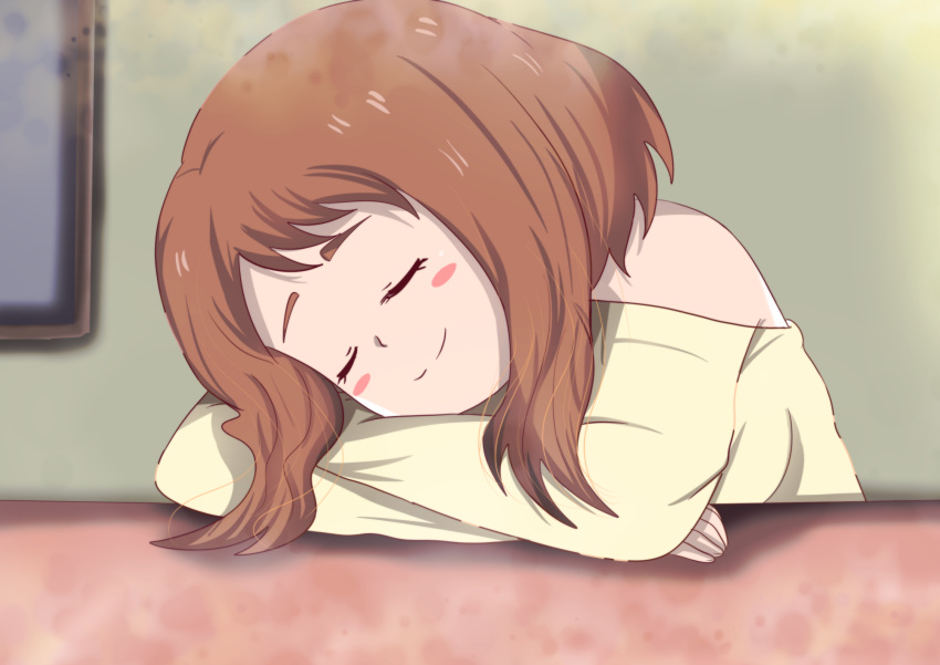 blush boku_no_hero_academia brown_hair closed_eyes closed_mouth english_commentary female hair_down highres hikariangelove leaning_on_table sleeping solo uraraka_ochako