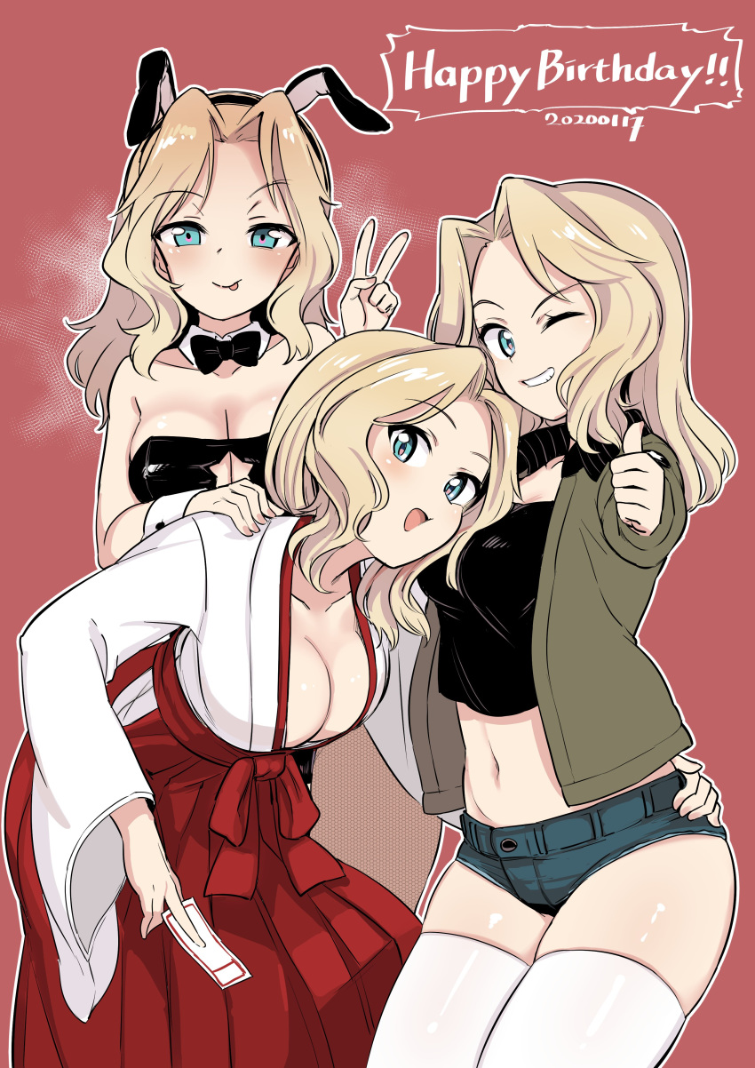 3girls :p ;) absurdres alternate_costume animal_ears aomushi_(mushamusha) black_bow black_bowtie black_leotard black_shirt blonde_hair blue_eyes blue_shorts bow bowtie breasts brown_jacket cleavage collar commentary dated denim denim_shorts detached_collar english_text fake_animal_ears girls_und_panzer grin hair_intakes hakama hakama_short_skirt hakama_skirt hand_on_another's_shoulder happy_birthday highres hug jacket japanese_clothes kay_(girls_und_panzer) kimono large_breasts leaning_forward leotard long_hair long_sleeves looking_at_viewer micro_shorts midriff miko military military_uniform multiple_girls multiple_persona navel one_eye_closed open_clothes open_jacket open_mouth outline playboy_bunny rabbit_ears red_background red_hakama saunders_military_uniform shirt shorts skindentation skirt smile standing star_cutout steam strapless strapless_leotard thighhighs thumbs_up tongue tongue_out uniform v white_collar white_kimono white_outline white_sleeves white_thighhighs wing_collar