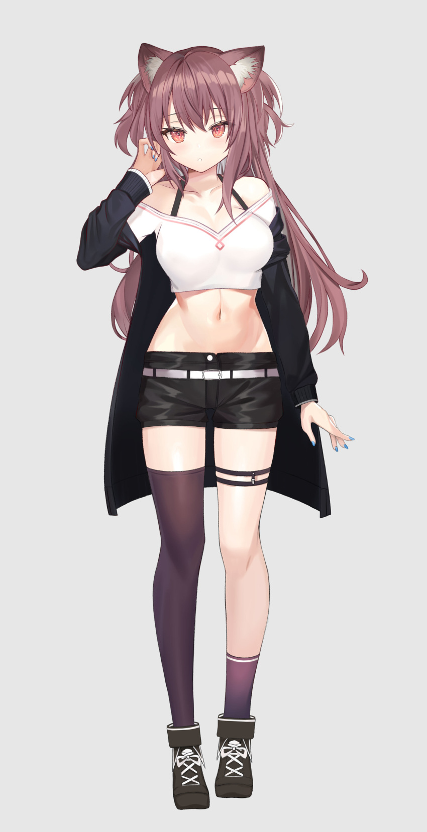 :o absurdres animal_ear_fluff animal_ears asymmetrical_legwear bad_id bad_pixiv_id belt belt_buckle black_footwear black_jacket black_shorts blue_nails breasts brown_hair brown_legwear buckle collarbone commentary_request crop_top female full_body grey_background hair_between_eyes hand_up highres jacket long_hair long_sleeves looking_at_viewer medium_breasts midriff nail_polish nannann navel off-shoulder_shirt off_shoulder open_clothes open_jacket original parted_lips red_eyes shirt shoes short_shorts shorts simple_background single_sock single_thighhigh sleeves_past_wrists socks solo standing thighhighs two_side_up uneven_legwear very_long_hair white_belt white_shirt