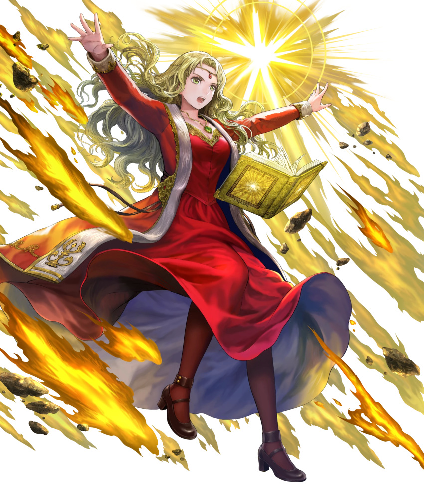 asatani_tomoyo black_footwear black_pantyhose blonde_hair book breasts circlet detached_sleeves dress female fire_emblem fire_emblem:_the_binding_blade fire_emblem_heroes floating floating_object full_body green_eyes guinevere_(fire_emblem) highres jewelry long_dress long_hair long_skirt long_sleeves medium_breasts necklace non-web_source official_art open_book open_mouth outstretched_arms pantyhose parted_bangs red_dress skirt solo spread_arms transparent_background