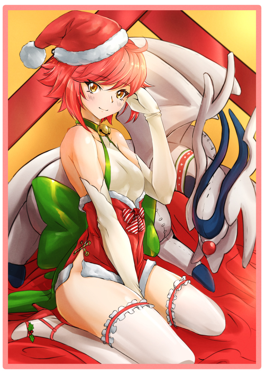 1girls absurdres bell between_legs bow choker christmas collarbone cute deekei dragon elbow_gloves female fire_emblem fire_emblem_fates fire_emblem_if full_body fur-trimmed_hat fur_trim gloves green_bow green_ribbons hand_between_legs hand_in_hair hat head_tilt highres hinoka_(fire_emblem) looking_at_viewer merry_christmas red_hair red_hat ribbon ribbon_choker santa_costume santa_hat short_hair sitting sleeveless smile solo thighhighs thighs wariza white_gloves white_legwear yellow_eyes