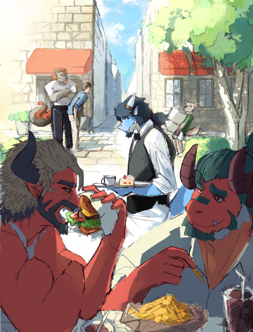 alternate_universe amorey anothereidos_of_dragon_vein_r anthro apron atmos_(anothereidos_r) barboros_(anothereidos_r) beard black_hair blue_body blue_scales bow_tie brown_body brown_scales canid canine canis clothing demon dragon eating electronics facial_hair folker_(anothereidos_r) gaia_(anothereidos_r) goatee group hair hi_res horn human humanoid jackal japanese_kobold kobold lucifer_(anothereidos_r) male mammal modern_au mythological_creature mythological_scalie mythology ponytail red_body red_scales red_skin scales scalie selfie tan_body tan_scales teal_hair tomita_dayo waiter