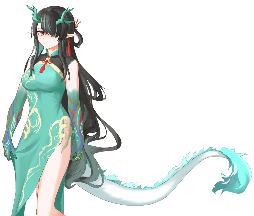 aqua_tail arknights arm_at_side bare_shoulders black_hair china_dress chinese_clothes chinese_commentary closed_mouth colored_extremities commentary_request cowboy_shot dragon_girl dragon_horns dragon_tail dress dusk_(arknights) dusk_(everything_is_a_miracle)_(arknights) earrings eastern_dragon_tail expressionless female green_dress green_hair green_horns hair_over_one_eye highres horns jewelry long_hair looking_at_viewer multicolored_hair neti_(cpu11151) official_alternate_costume one_eye_covered pointy_ears red_ribbon ribbon side_slit simple_background skirt_hold sleeveless sleeveless_dress solo standing streaked_hair tail very_long_hair white_background white_tail