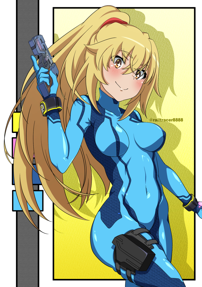 absurdres alternate_costume blonde_hair blue_bodysuit bodysuit breasts color_connection cosplay covered_navel female gun hair_color_connection handgun highres holding holding_gun holding_weapon large_breasts long_hair metroid ponytail railtracer8888 samus_aran samus_aran_(cosplay) shadow shokuhou_misaki skin_tight solo sparkling_eyes star-shaped_pupils star_(symbol) symbol-shaped_pupils toaru_kagaku_no_railgun toaru_majutsu_no_index very_long_hair weapon yellow_eyes zero_suit