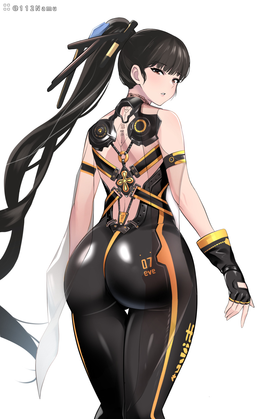 absurdres ass black_bodysuit black_hair blunt_bangs bodysuit breasts brown_eyes english_commentary eve_(stellar_blade) female from_behind hair_ornament highres huge_ass long_hair looking_at_viewer looking_back namu_(112namu) official_alternate_color planet_diving_suit_(7th)_(stellar_blade) planet_diving_suit_(7th)_v2_(stellar_blade) ponytail skin_tight solo stellar_blade thigh_gap twitter_username very_long_hair white_background